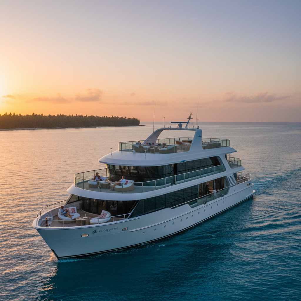 A detailed, photorealistic image of a sleek, modern small luxury cruise ship sailing through calm, turquoise waters at sunset, with a few elegant passengers enjoying drinks on an outdoor deck. The ship's luxurious design and the tranquil ocean setting are highlighted.