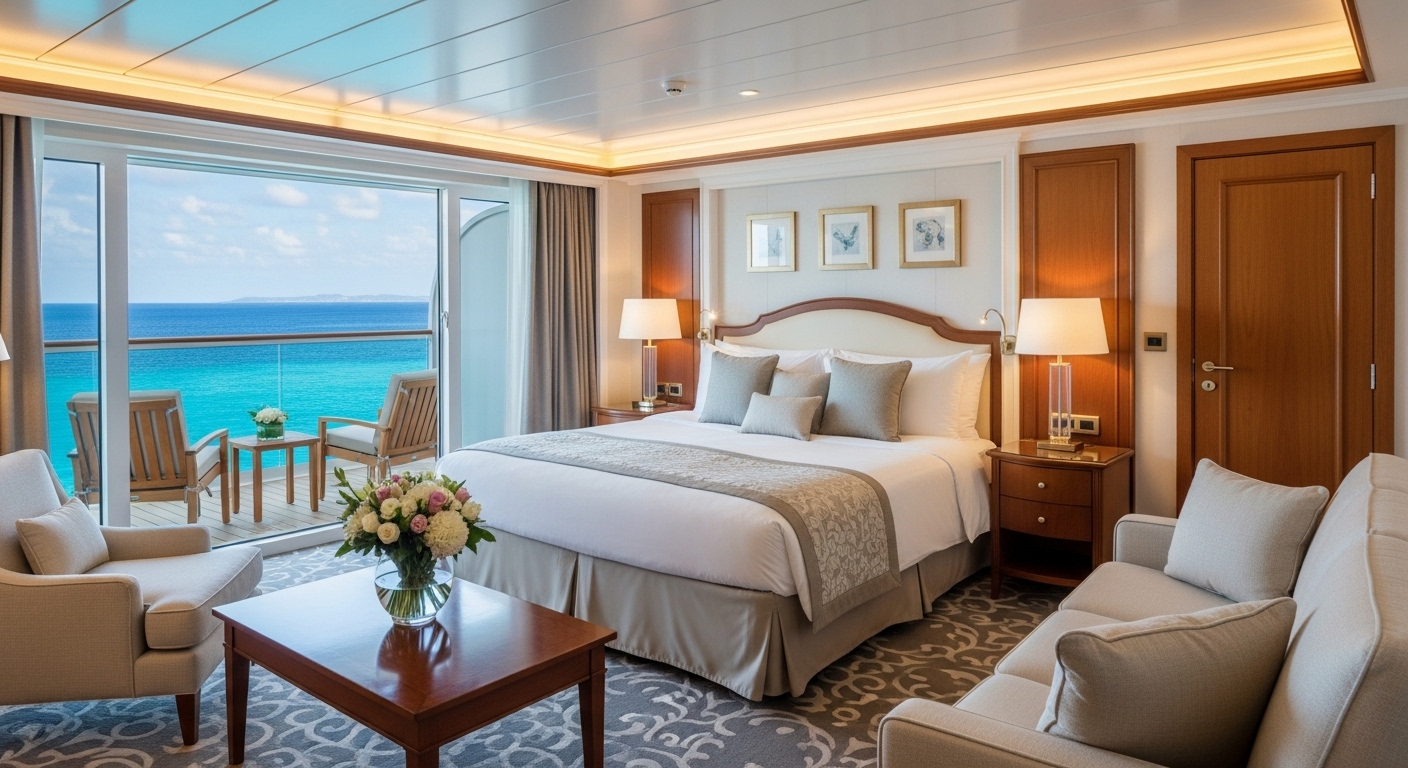 A wide shot inside a lavish, spacious cruise ship suite, featuring a large private balcony overlooking a pristine ocean, a king-sized bed with luxurious linens, and a sophisticated living area with elegant furniture and a fresh floral arrangement. The lighting is soft and inviting, emphasizing comfort and opulence, in a photorealistic style.