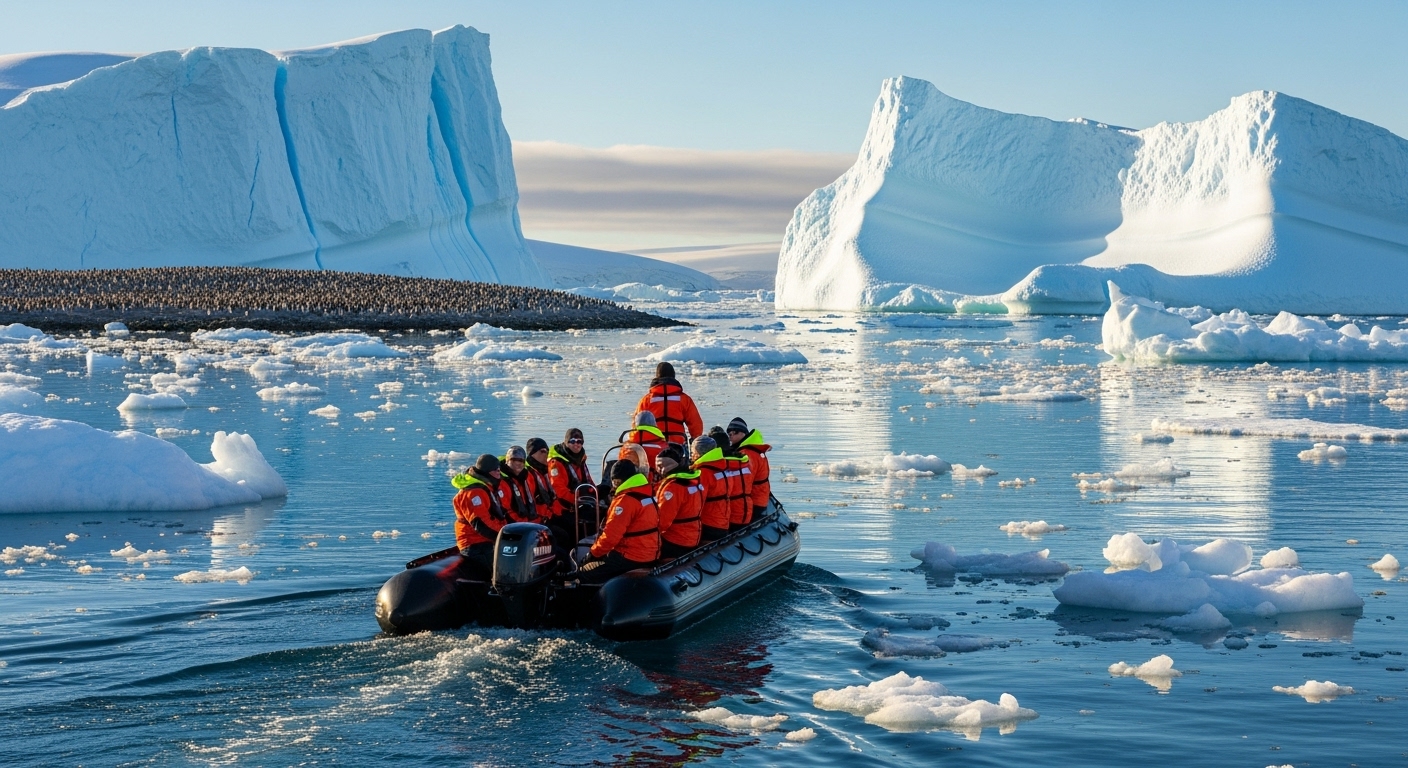 A small zodiac boat filled with passengers wearing bright orange expedition gear, cruising through icy waters with towering icebergs and a colony of penguins on a distant shore under a clear, crisp Antarctic sky. Photorealistic.