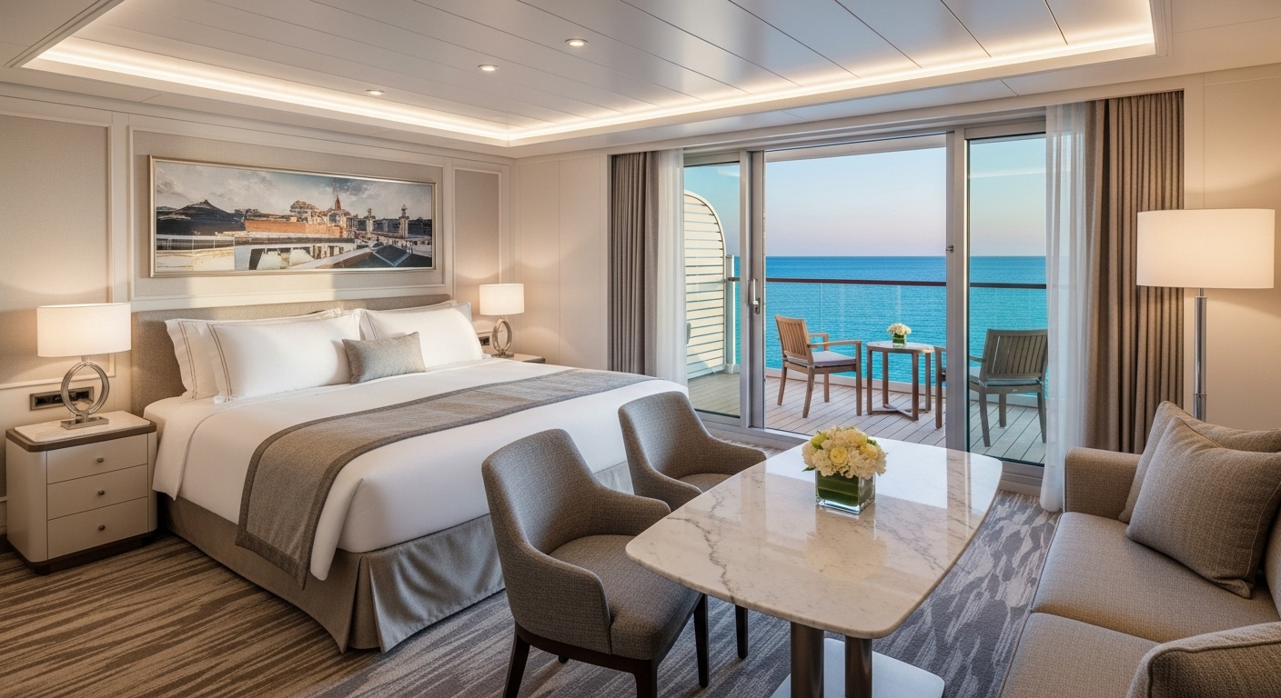 A lavish, bright, and spacious Seabourn cruise suite with a private balcony overlooking a calm turquoise ocean at sunset. The suite features contemporary elegant decor, a comfortable king-sized bed with crisp white linens, a plush sofa, a marble-top table with a fresh flower arrangement, and an open glass door leading to a furnished balcony. The lighting is soft and inviting, highlighting the luxurious textures and finishes. Photorealistic, high-resolution.