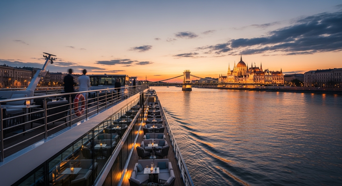 A luxurious river cruise ship sailing smoothly on the Danube River at sunset, with the illuminated Chain Bridge and Parliament building of Budapest in the background. The ship's deck shows elegant lounge areas and a few silhouetted passengers enjoying the view. The sky is a gradient of orange and purple.