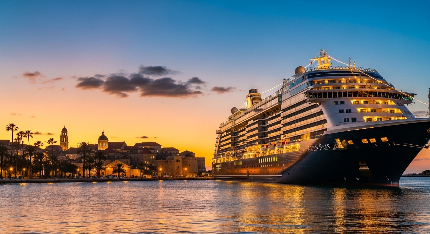 A wide-angle, luxurious, photorealistic shot of a Regent Seven Seas cruise ship, such as the Seven Seas Explorer, docked in a picturesque Mediterranean port at sunset. The ship is illuminated, showcasing its elegant design with expansive balconies, and the water reflects the golden light. Palm trees and historic buildings are visible in the background, hinting at exotic destinations.