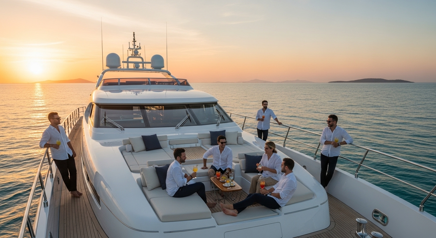 A wide shot of a sleek, modern luxury yacht sailing on calm, turquoise waters at sunset. The yacht has several people on deck, enjoying cocktails and the view. The scene conveys luxury, relaxation, and shared enjoyment. The lighting is warm and inviting, with a focus on the yacht's elegant design and the beautiful marine environment.