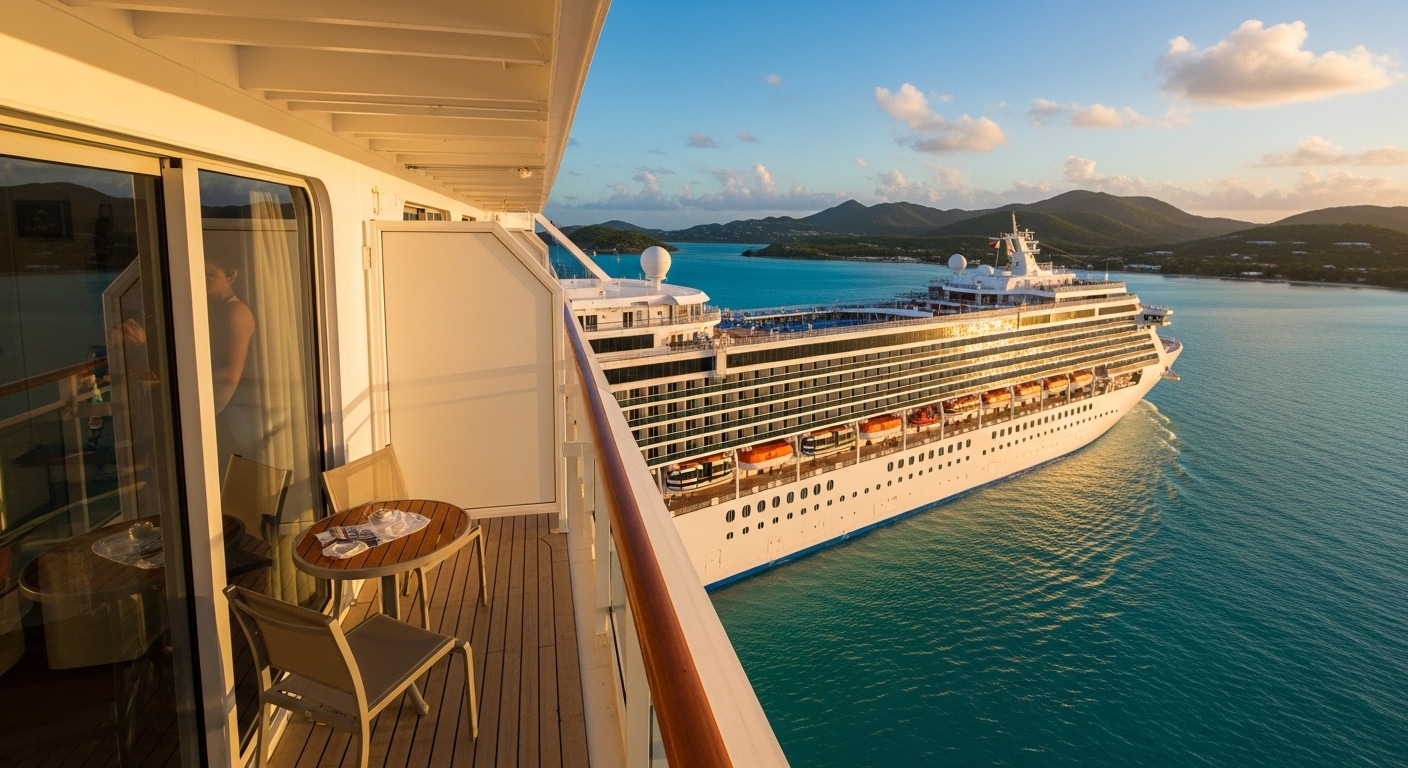 A photorealistic image of a luxurious cruise ship sailing in the turquoise waters of the Caribbean, with a private balcony suite visible and a backdrop of a lush tropical island under a clear blue sky, bathed in golden hour light.