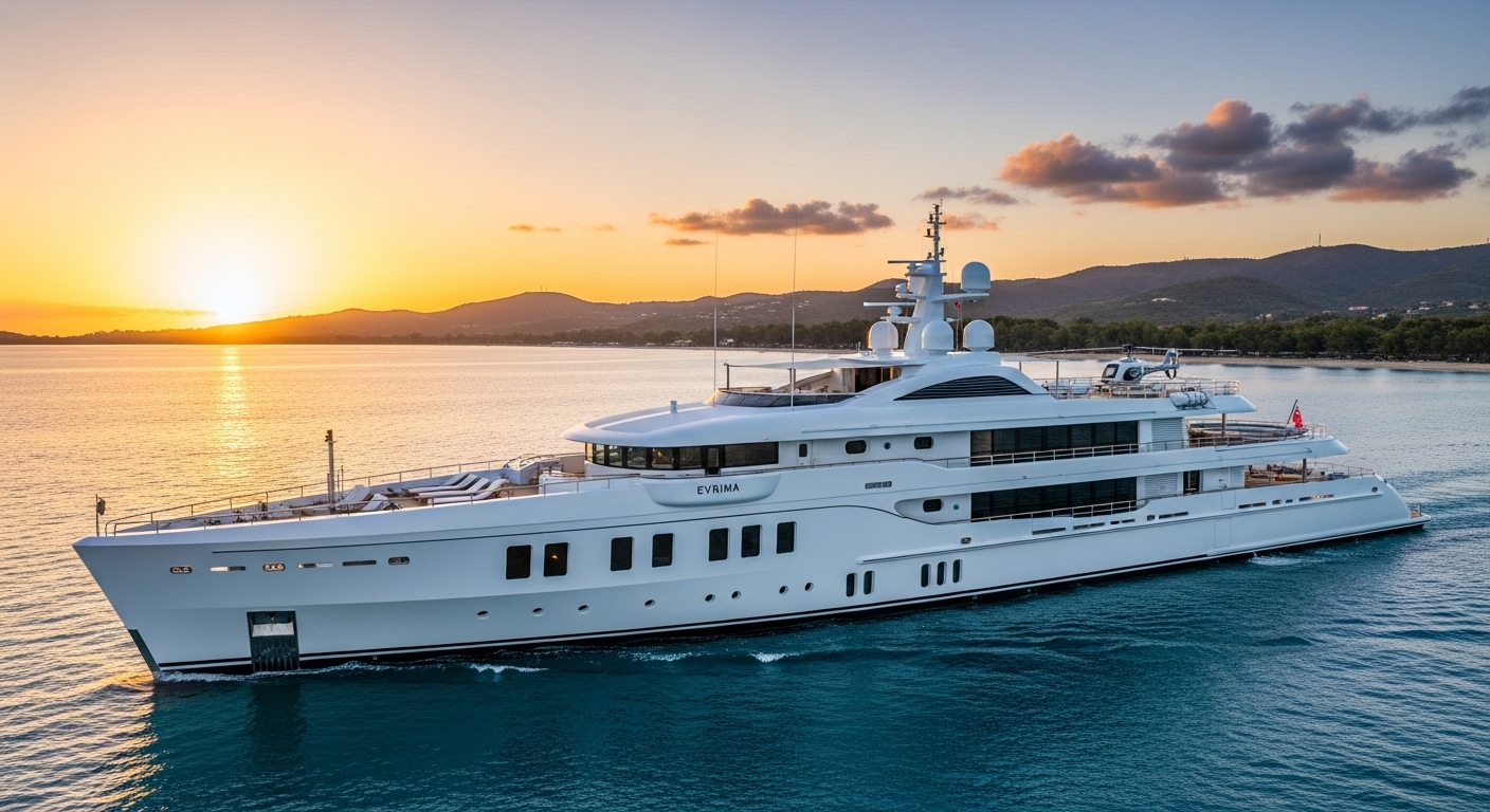 A luxurious, sleek superyacht, the Evrima, sailing gracefully on calm, turquoise waters at sunset. The yacht's modern design, private terraces, and expansive decks are visible, with warm golden light reflecting off its pristine white hull. In the background, a picturesque coastline with lush greenery and distant hills. Highly detailed and photorealistic.