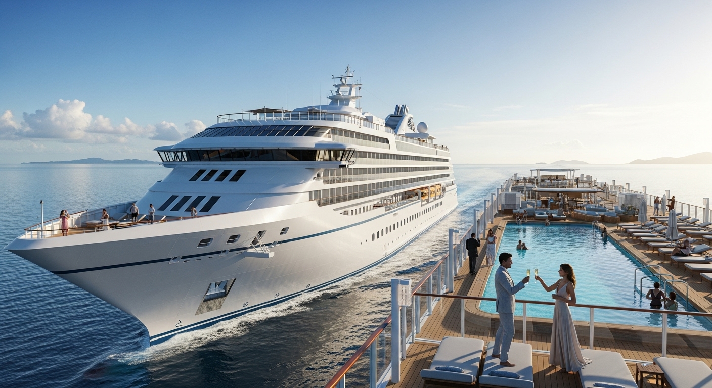 A wide shot of a sleek, modern luxury cruise ship sailing on calm, turquoise waters under a clear blue sky. The ship's elegant design is visible, with guests enjoying activities on the expansive top deck, perhaps a couple raising a toast at sunset. The scene should evoke peace and luxury.