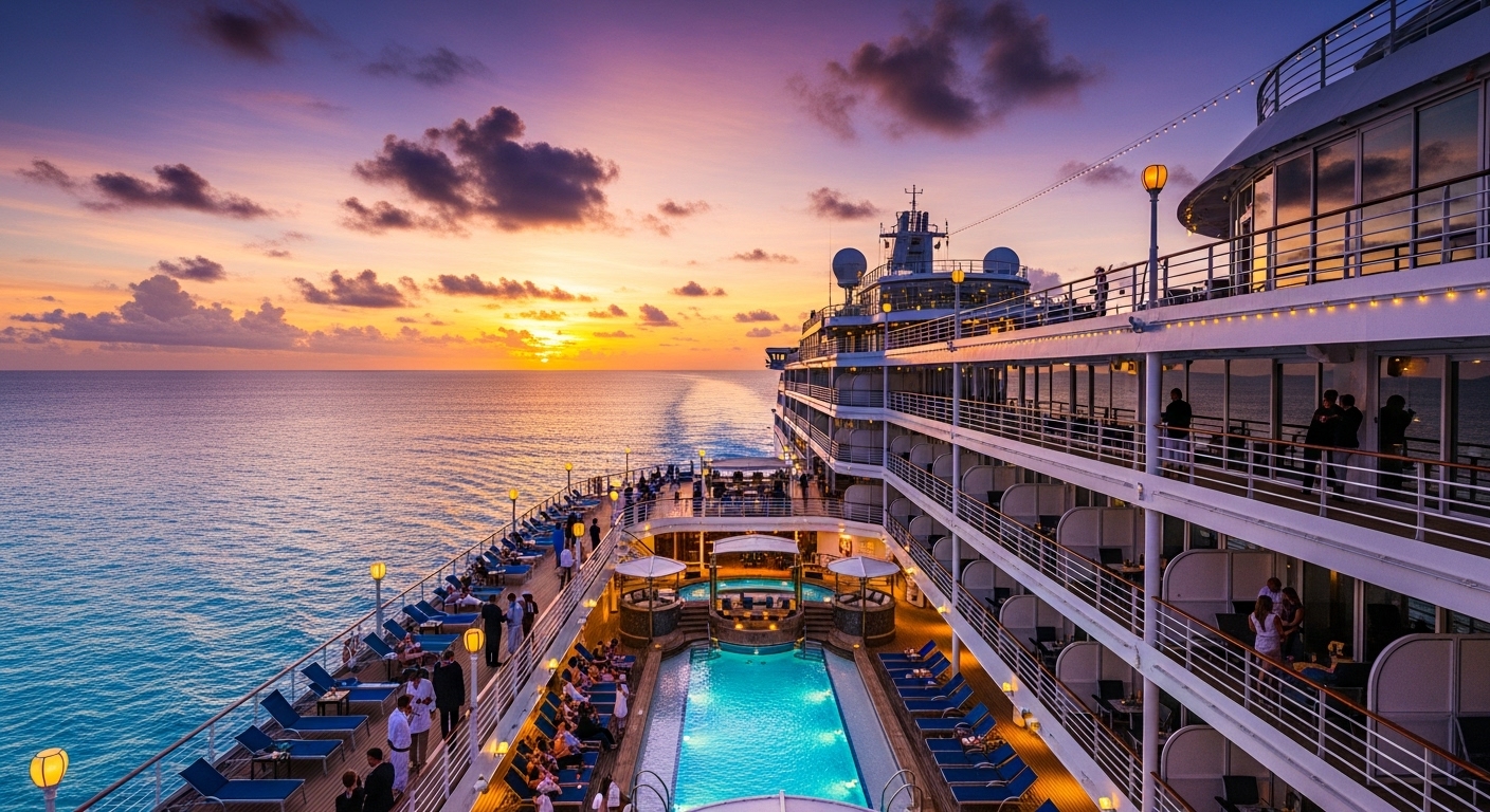 A luxurious cruise ship sailing in crystal blue waters at sunset, with a vibrant sky and elegant details visible on the ship's deck. Focus on the ship's grandeur and the serene ocean environment, embodying the essence of an exclusive travel experience.