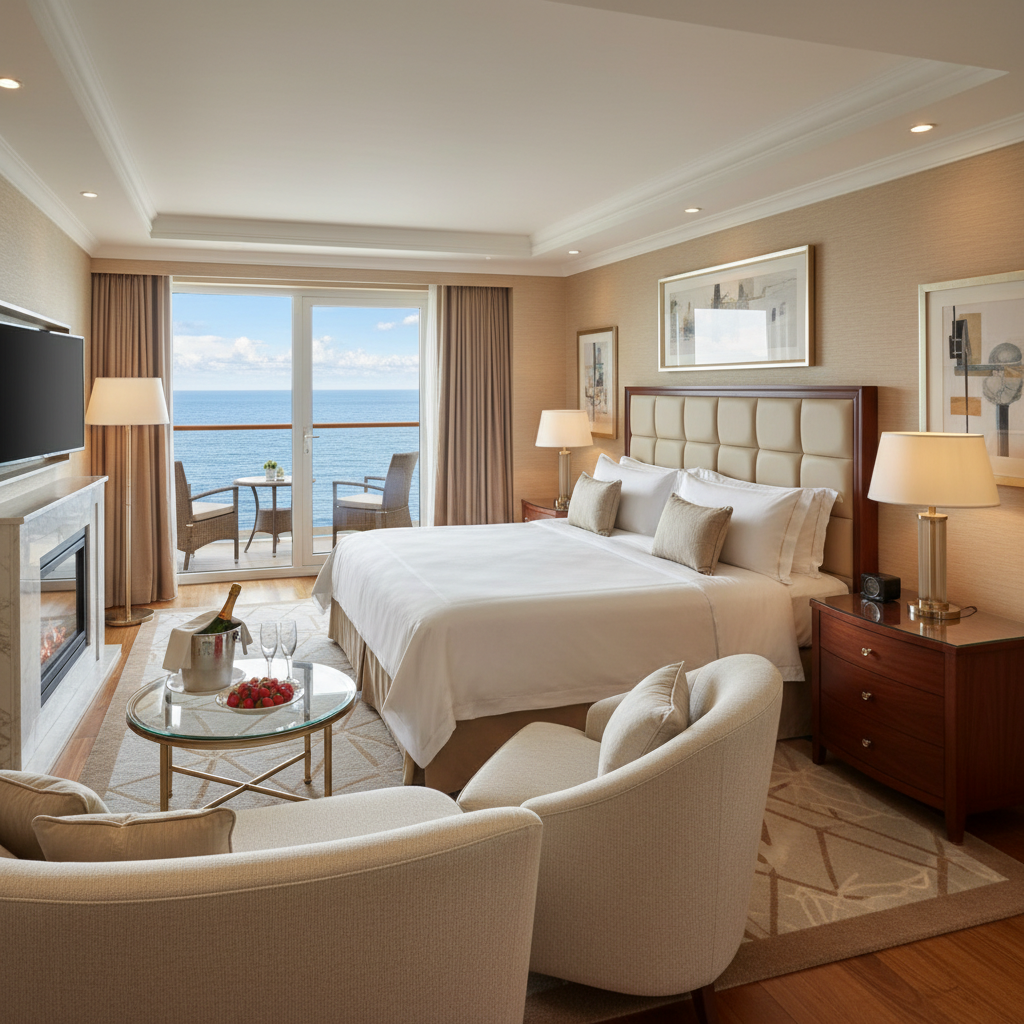A luxurious and spacious cruise suite interior with elegant furnishings, a private balcony overlooking the ocean, and a bottle of champagne on a table, seen from a slightly elevated perspective, photorealistic.
