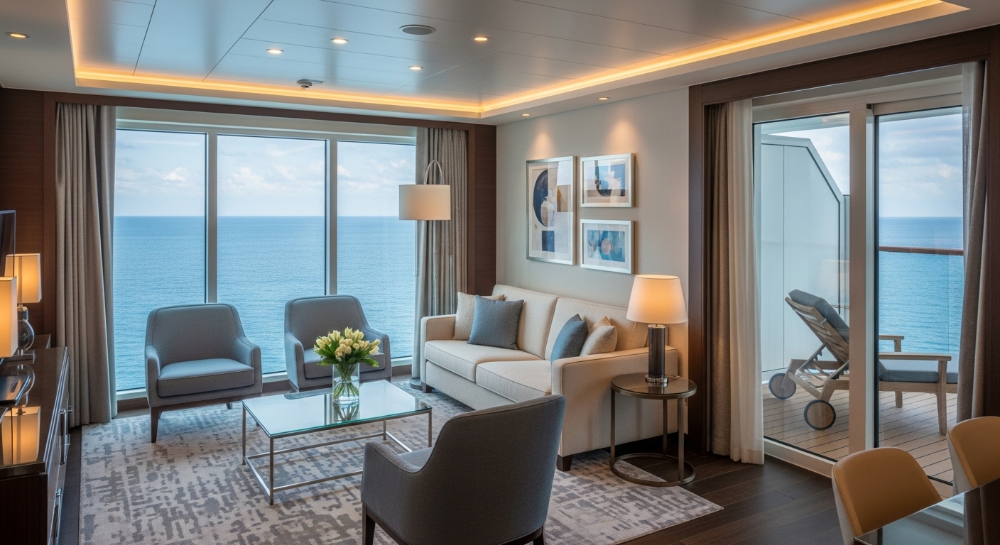 A photorealistic, high-angle interior shot of a luxurious private cruise ship suite, featuring a spacious living area with modern, comfortable furniture, large floor-to-ceiling windows overlooking a calm blue ocean, and a glimpse of a private balcony. The decor is elegant with soft lighting and premium finishes.