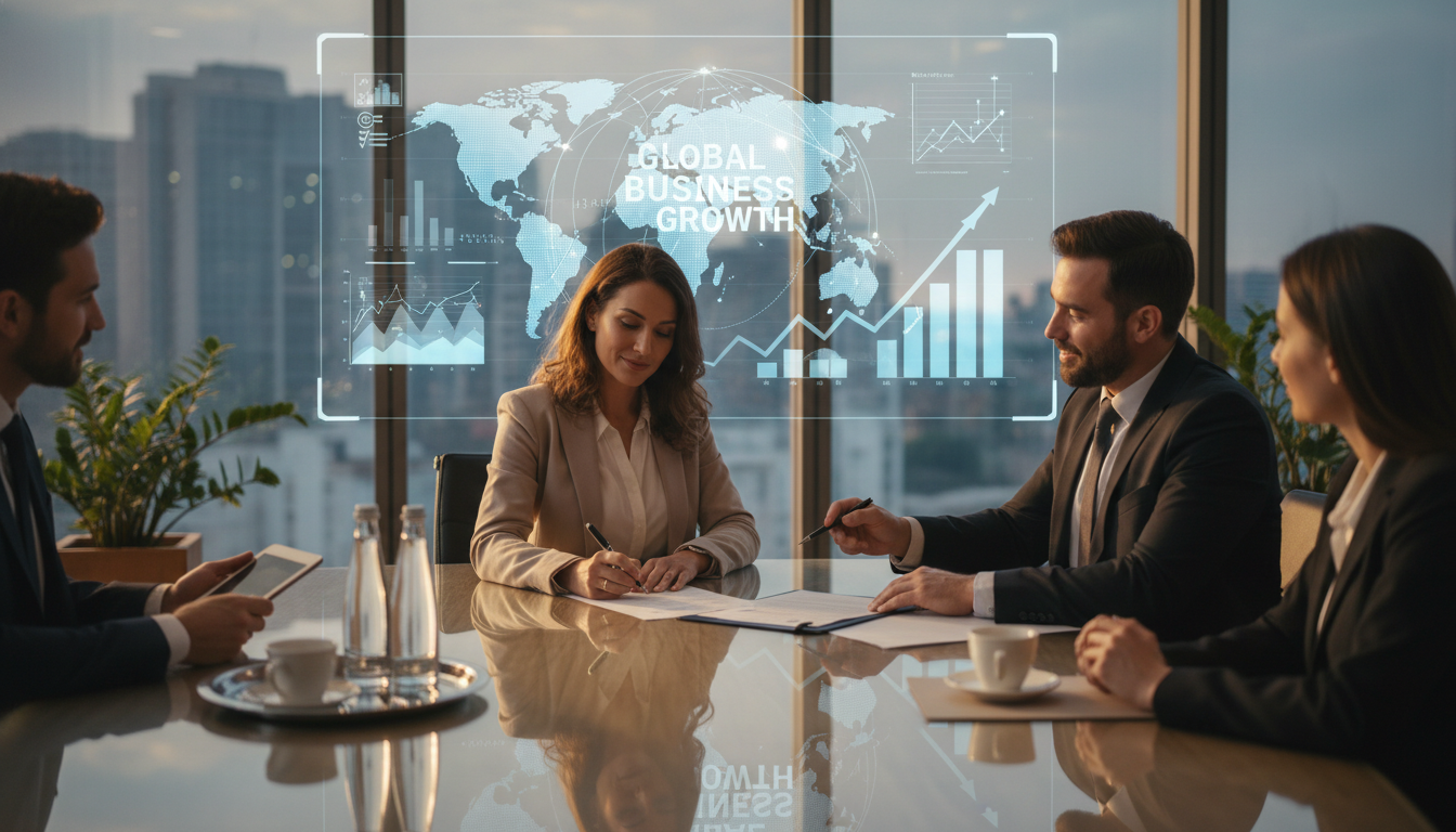 A professional expatriate entrepreneur in a modern, glass-walled office meeting room, signing a franchise agreement with a consultant, a digital presentation of global business growth on a screen in the background, warm lighting, photorealistic 4k quality.