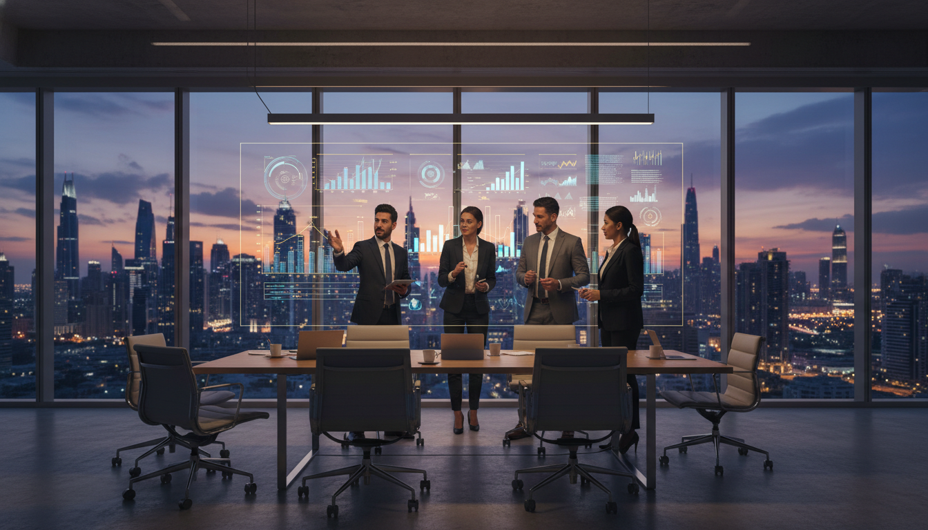 A photorealistic image of a modern executive office with a view of the Dubai skyline at twilight, featuring a diverse group of business professionals discussing financial charts on a transparent glass whiteboard, cinematic lighting, 8k resolution, highly detailed.