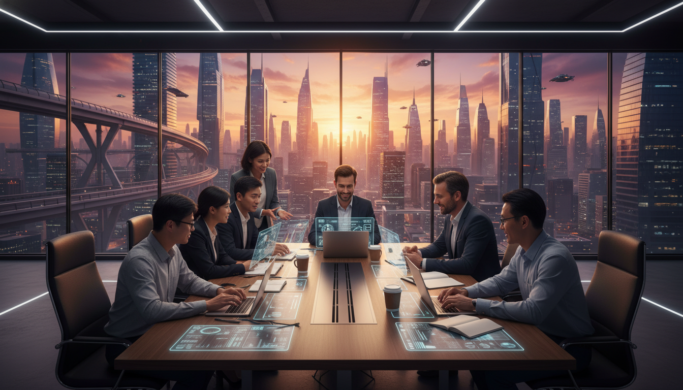 A diverse group of professional expat entrepreneurs collaborating in a high-tech, modern coworking space with floor-to-ceiling windows overlooking a futuristic city skyline at sunset, photorealistic, 8k resolution, cinematic lighting