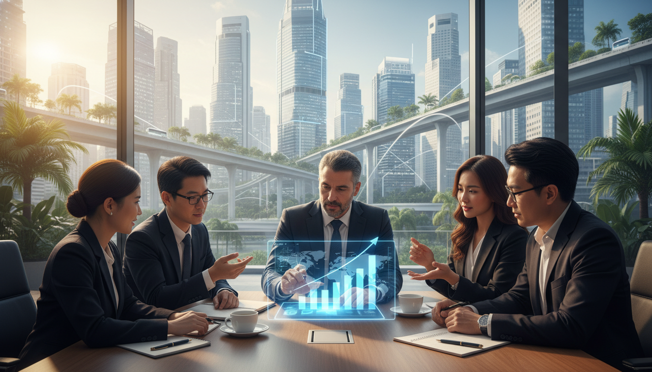 A high-resolution, photorealistic image of a professional business meeting taking place in a modern, glass-walled office in Singapore overlooking a futuristic skyline. A diverse group of business consultants and an expat client are analyzing a digital tablet displaying growth charts and a world map. The lighting is natural and warm, emphasizing a professional and collaborative atmosphere.