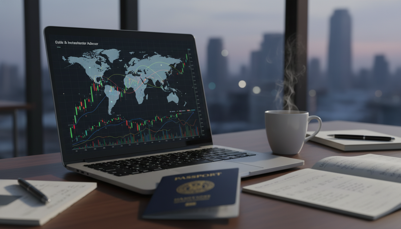 A photorealistic close-up of a professional financial advisor's desk featuring a laptop screen displaying complex multi-currency investment charts and global maps, with a passport and a cup of coffee nearby, shot in a modern office with soft lighting