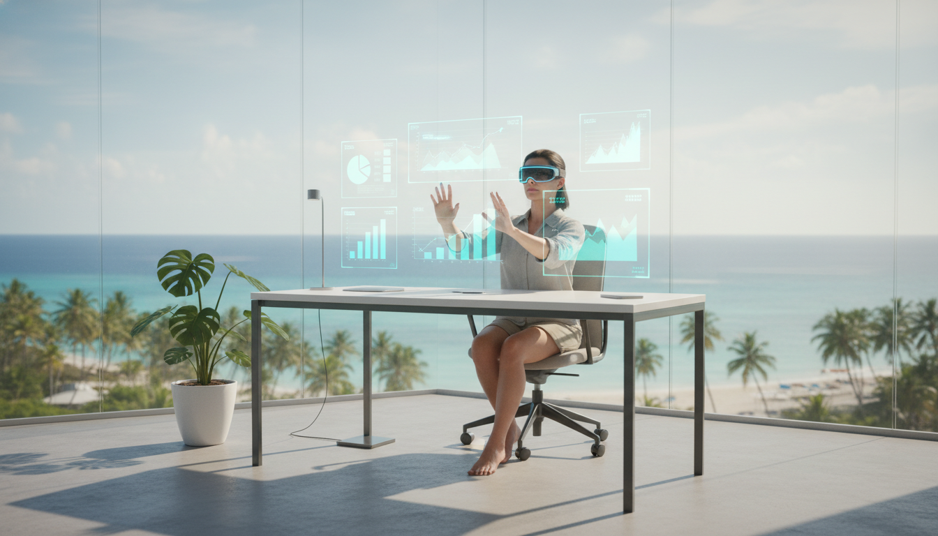 A professional digital nomad sitting at a modern, minimalist desk in a glass-walled office overlooking a tropical coast, wearing a lightweight AR headset and manipulating 3D holographic business charts with their hands, soft natural lighting, photorealistic 8k resolution