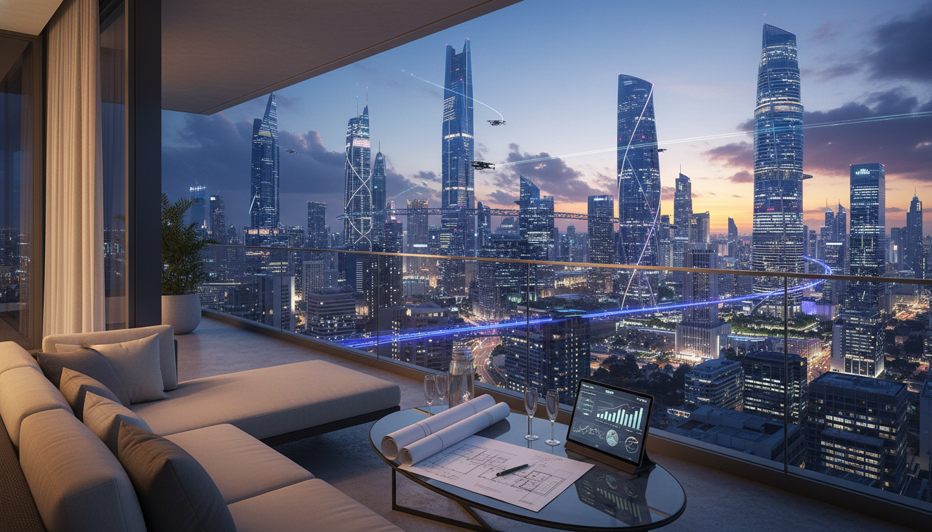 A photorealistic, wide-angle shot of a luxurious modern apartment balcony overlooking a vibrant, futuristic city skyline at twilight, possibly Dubai or Singapore. On a sleek glass table in the foreground, there are architectural blueprints and a tablet displaying real estate market charts. The lighting is cinematic, highlighting the contrast between the warm interior and the cool city lights, symbolizing profitable international investment. 8k resolution, highly detailed.