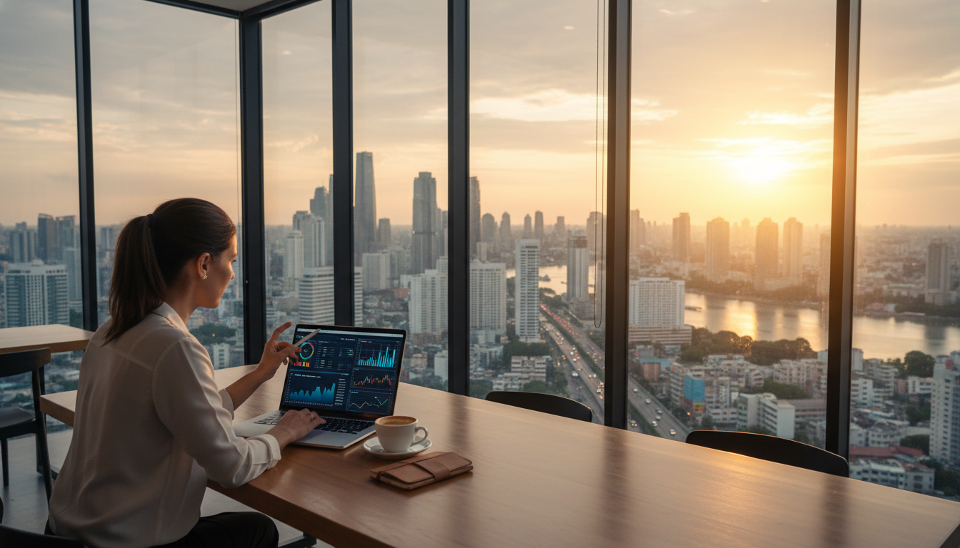 A professional expatriate entrepreneur working on a sleek laptop in a modern, glass-walled co-working space overlooking a vibrant Asian metropolis at sunset, analyzing data charts on screen, 8k resolution, photorealistic lighting, cinematic composition.