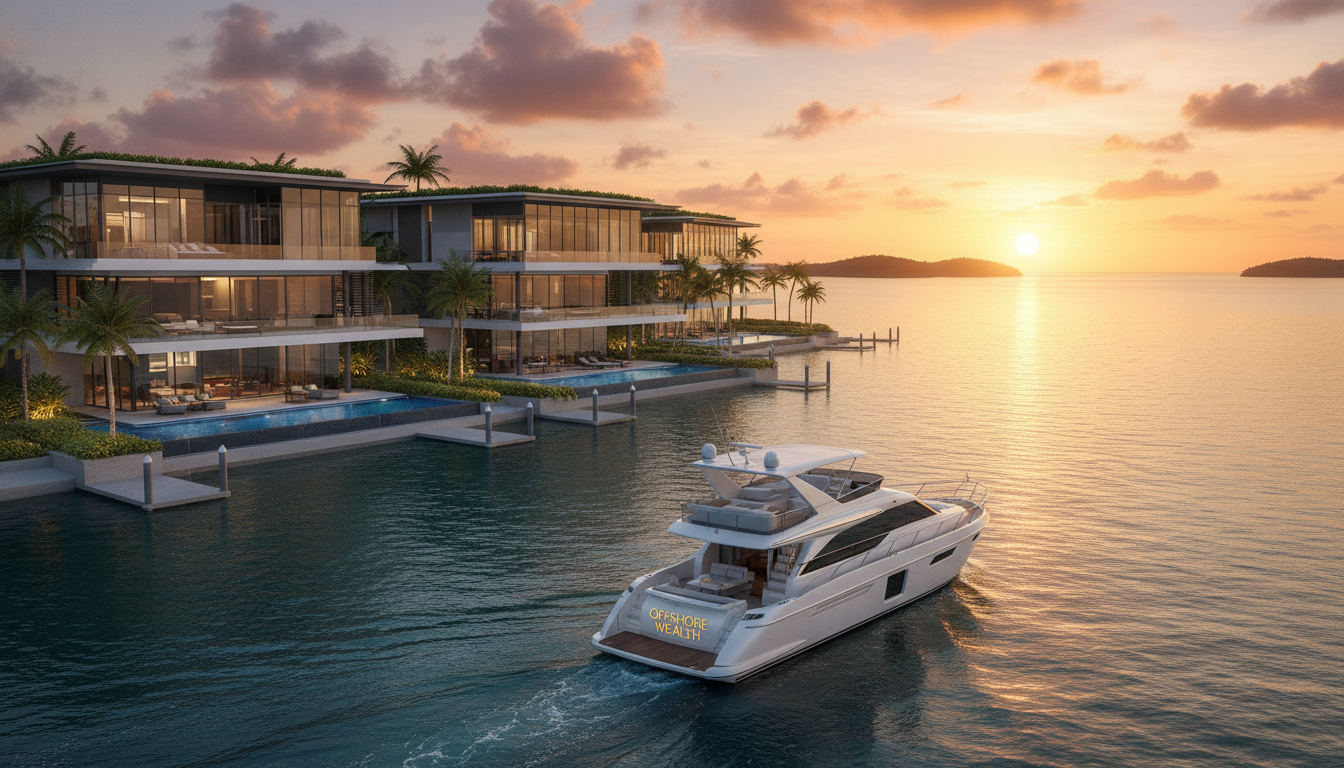 A photorealistic wide-angle shot of a modern, luxury waterfront real estate development in a tropical setting, representing a high-value offshore investment, with a sleek yacht in the foreground and a golden sunset, 8k resolution, cinematic lighting