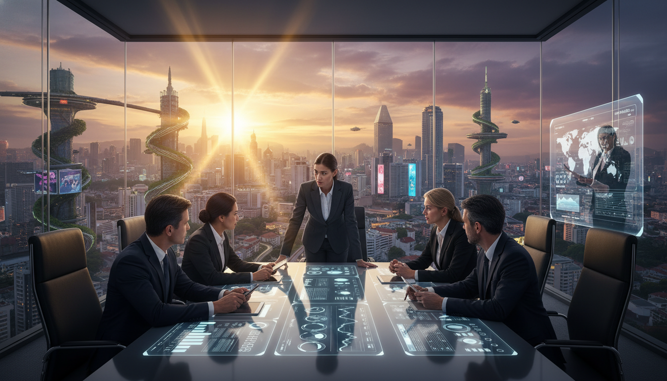 A diverse group of business professionals in modern business attire having a serious strategic meeting in a high-tech glass-walled conference room overlooking a bustling, futuristic skyline of a Southeast Asian city at sunset, photorealistic style, 8k resolution, cinematic lighting